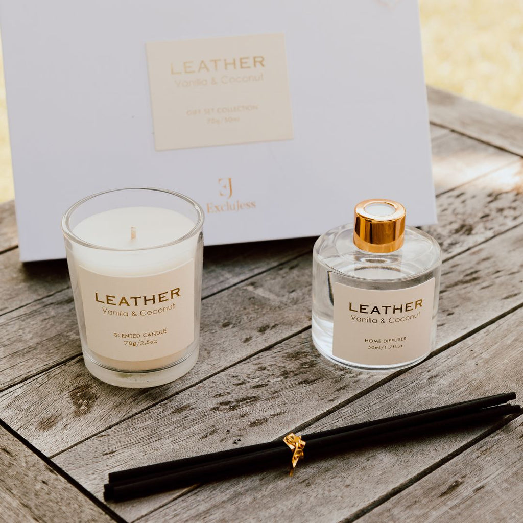 Vanilla & Coconut leather feel gift pack: geurkaars en geurstokjes, foto 4