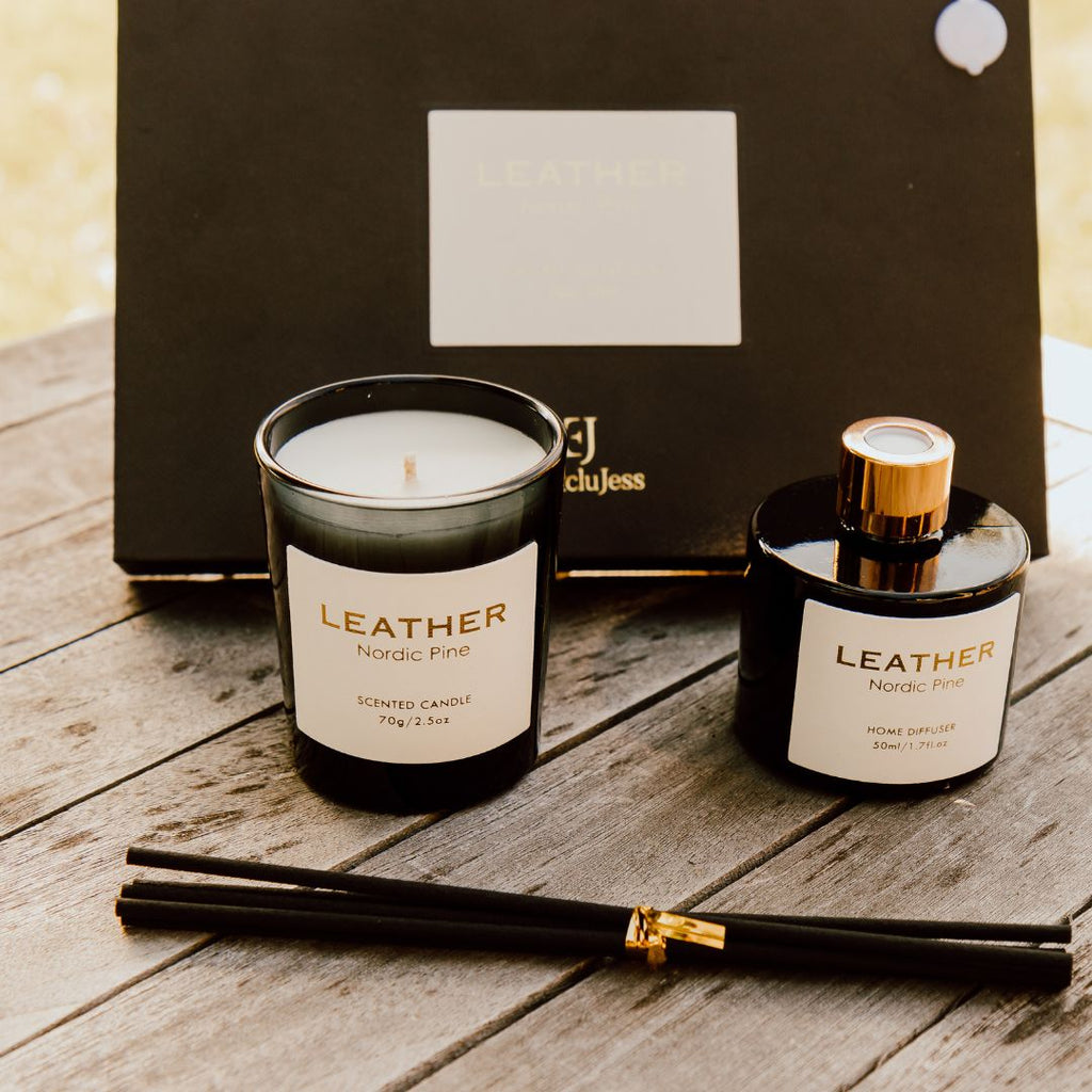 Nordic Pine leather feel gift pack: geurkaars en geurstokjes, foto 6
