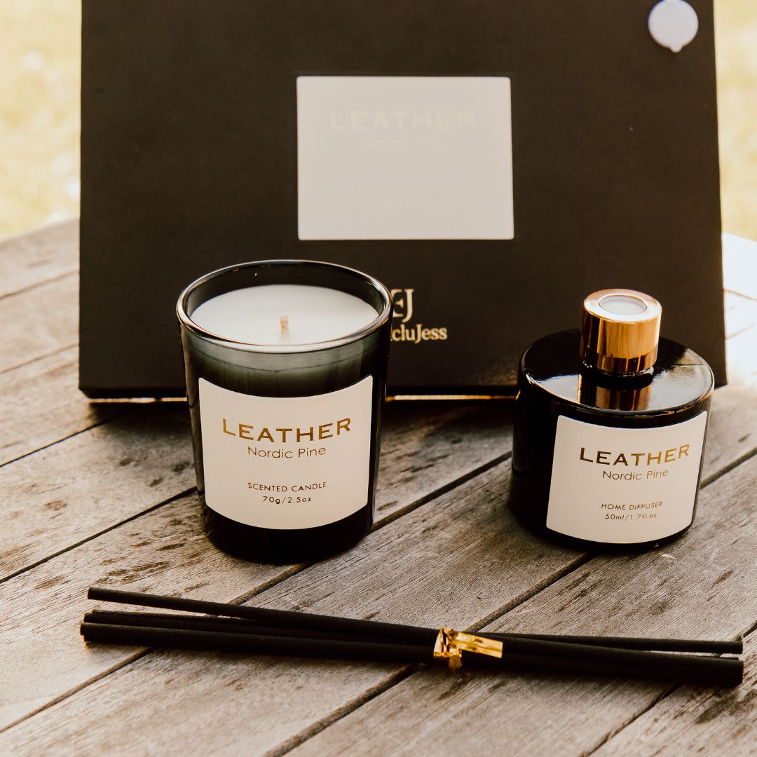 Nordic Pine leather feel gift pack: geurkaars en geurstokjes, foto 6