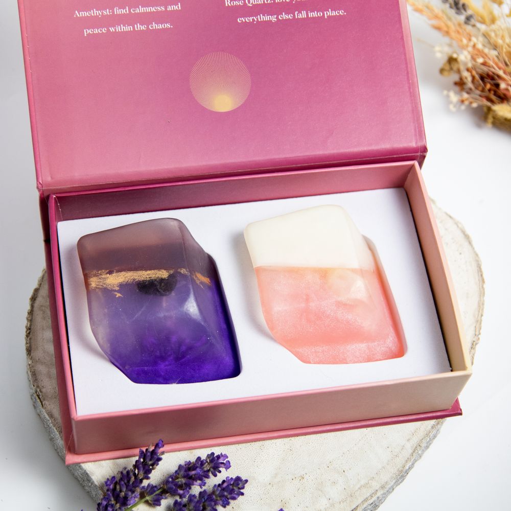 cadeau box kristalzepen Amethist & Rozekwarts