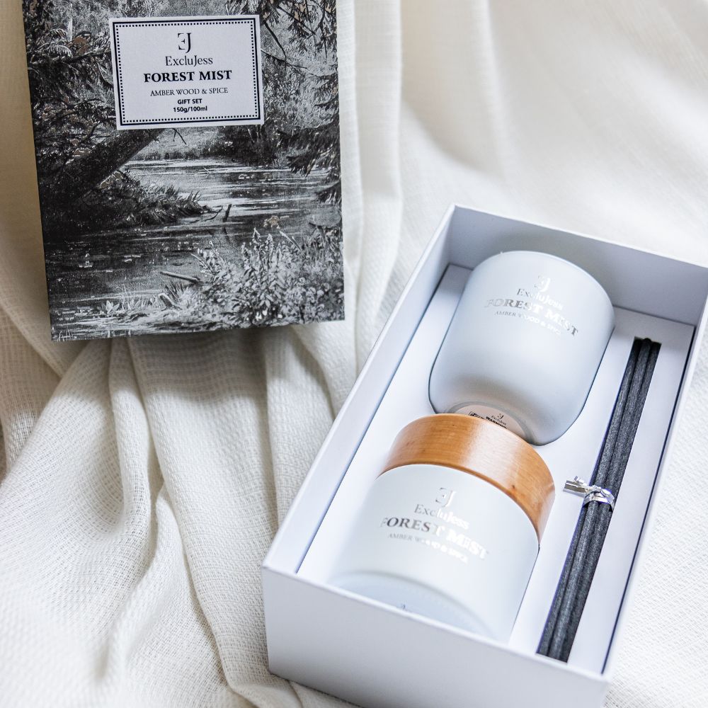 gift set geurkaars en geurstokjes forest mist wit (2)